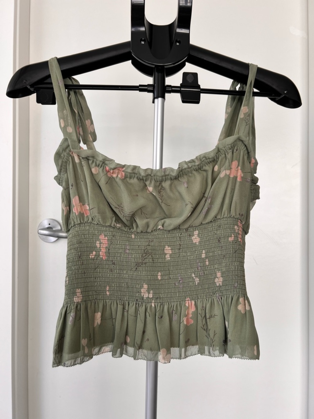 Wilfred Olive Green Floral Smocked Tank with Tie Straps